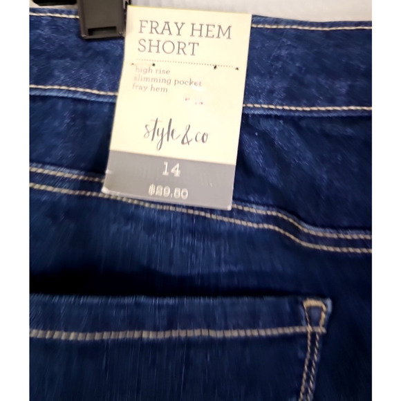 Style & Co ~Woman Size 14~ Blue Denim Fray Hem High Rise Shorts Stretch NWT. - Picture 6 of 14